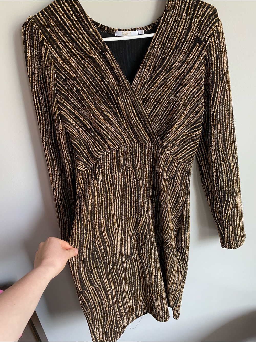 Black and Gold Long-Sleeve Wrap-Style Women's Dress